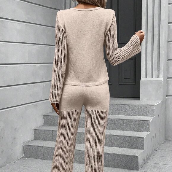 Casual Tie Front Cardigan & Knit Pants Apricot - Picture 2 of 5